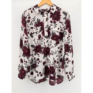 LOFT Outlet‎ Womens Large Floral Roses Utility Blouse Burgundy White Long Sleeve